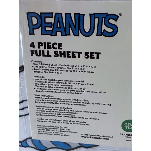 Peanuts Snoopy Puffy Coat FULL SIZE Sheet Set Christmas Puffer Jacket White Blue - Picture 9 of 13